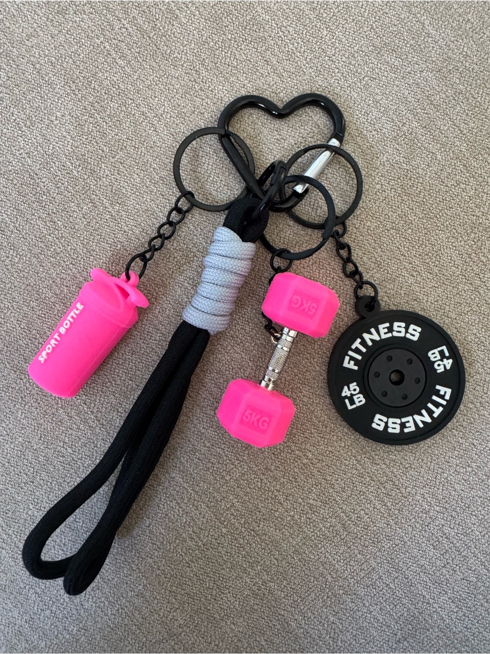 Pink Fitness Keychain Set with Dumbbell & Bottle Charm